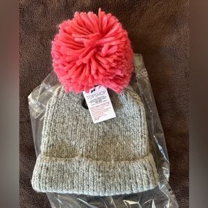 Topshop Knitted Hat with Puff | OS | Heathered Grey with Pink Puff | NWT